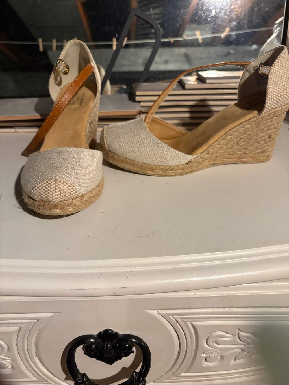 croft & barrow Beige Canvas Espadrille Wedge Sandals with Tan Strap
